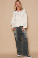V-Neck knit Panel Exposed Seam Top POL