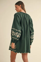 Embroidered Long Sleeve Peasant Mini Dress Mable
