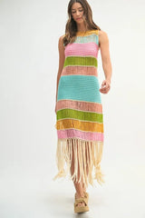 Multi Color Fringed Crochet Knit Dress Mable
