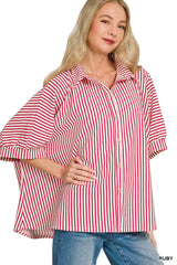 Oversized Stripe Button Down Shirt ZENANA