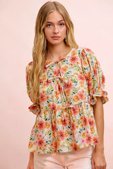 Flower Printed Shirring Detail Blouse Top BiBi FLOWER S