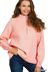 Ribbed Two Tone Half Zip Sweater ZENANA DK PINK/TAUPE S/M