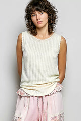 POL Ribbed Round Neck Tank with Lace Trim Trendsi