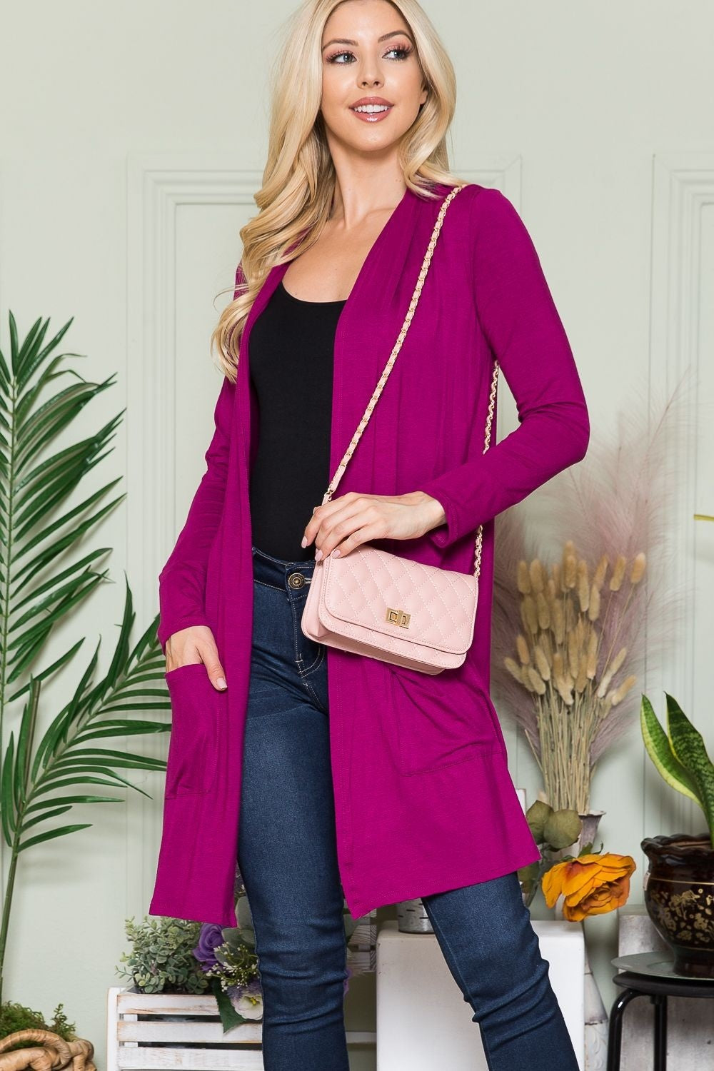 Open Front Cardigan with Pockets Celeste Magenta S