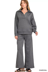Scuba Collared Pullover and Pants Set ZENANA CHARCOAL S