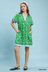 Printed Split Neck Short Sleeve Shift Dress Umgee