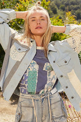 Raw Hem Crochet Embroidery Shacket with Chest Pockets POL Denim S