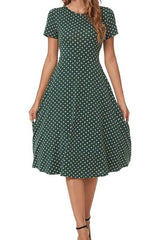 Short Sleeve High Waist Flared Midi Polka Dot Dress SALE