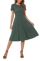 Short Sleeve High Waist Flared Midi Polka Dot Dress SALE