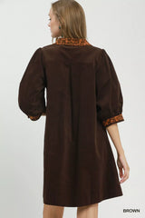 V-Neck Shift Dress with Contrast Trim + Pockets Umgee