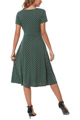 Short Sleeve High Waist Flared Midi Polka Dot Dress SALE