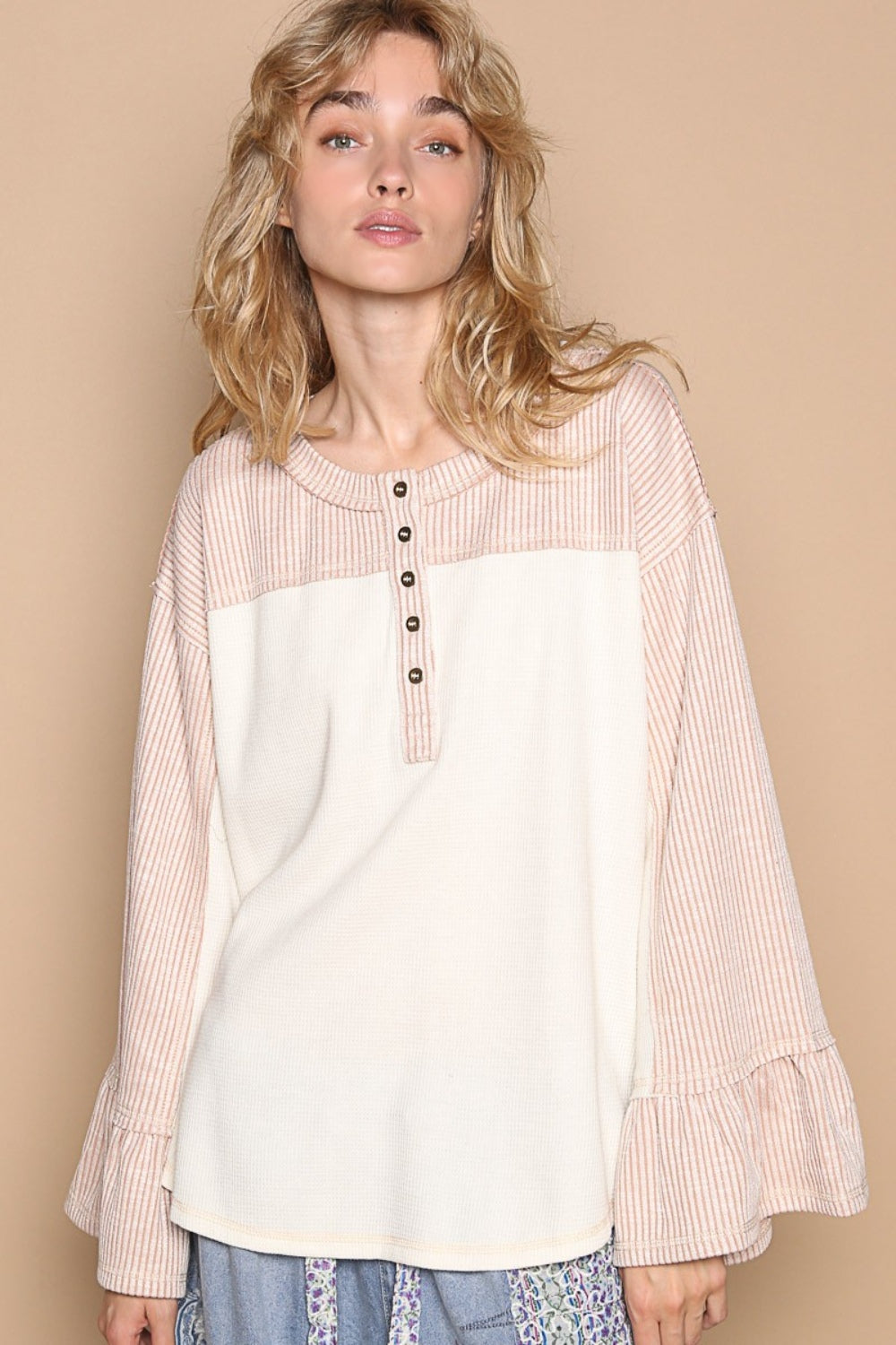 Striped Flounce Sleeve Exposed Seam Top POL Cream/Pink S
