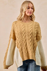 Cable Knit With Hacci Combo Sweater With Uneven Hem Detail BiBi