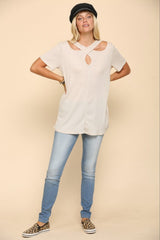 Crisscross Cutout Short Sleeve T-Shirt Celeste