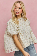 Floral Print Lace Trim Short Sleeves Blouse So Me