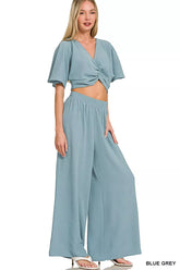 Woven Airflow Twisted Top & Wide Leg Pants Set ZENANA BLUE GREY S