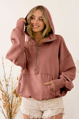 Stitch Detailed Elastic Hem Half Zip Fleece Hoodie BiBi TERRACOTTA S