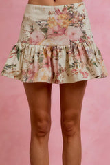 Floral Print Fit and Flare Mini Skirt So Me CREAM S