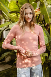 Plus Size Mir Solid Raw Edge Neckline Thumb Opening Top BiBi DUSTY PINK 1X