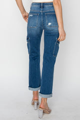 High Rise Cargo Ankle Roll Up Straight Jeans Risen