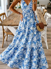 Floral Print Maxi Dress with Spaghetti Straps – Tiered Silhouette Simmer & Fay Sky Blue S