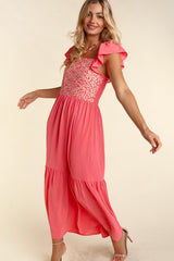 Embroidery Floral Dot Woven Maxi Flutter Dress Haptics