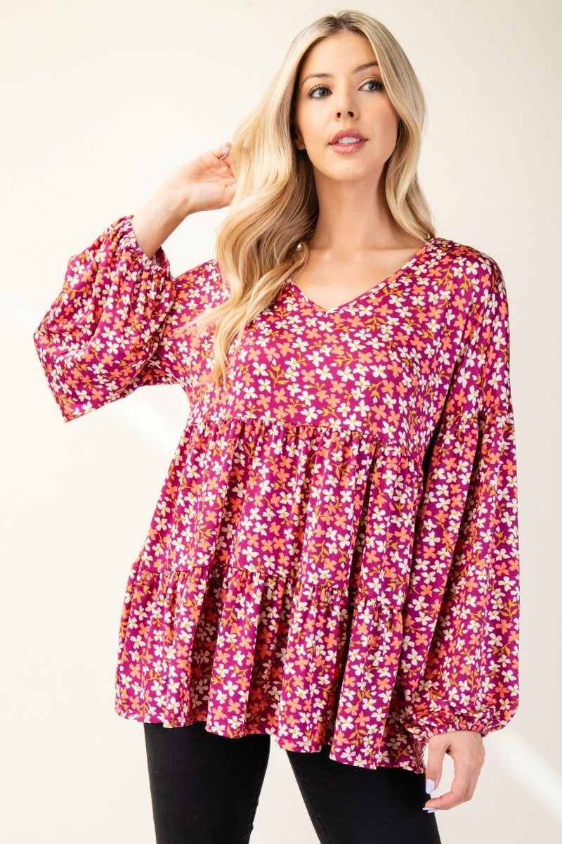 Floral V-Neck Balloon Sleeve Blouse Celeste Magenta S
