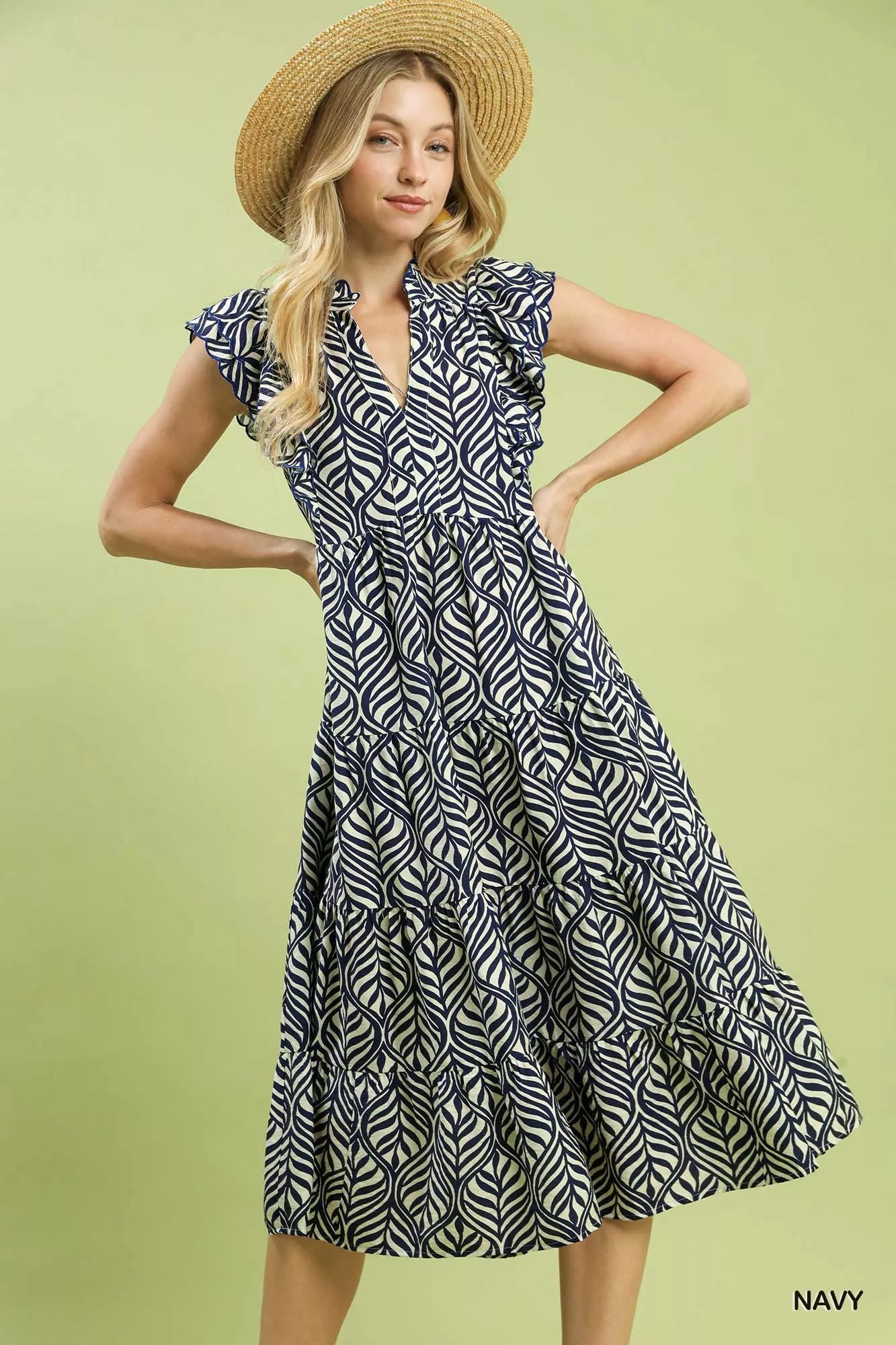 Leaf Print Tiered Midi Dress with Ruffle Detail Umgee NAVY S