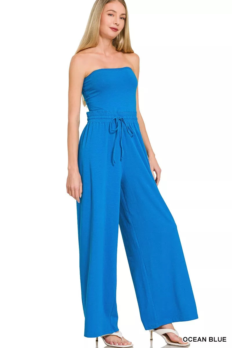 Tube Top Jumpsuit with Drawstring Waist ZENANA OCEAN BLUE S