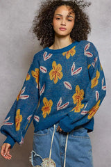 Floral Pattern Round Neck Balloon Sleeve Sweater POL