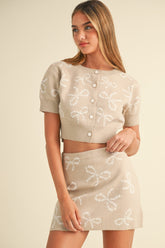 Bow Pattern Crop Cardigan and Mini Skirt Set Mable LT Taupe S