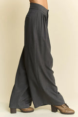 Solid Back Pocket Shirring Detail Wide Leg Pants Davi & Dani