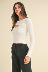Cut Out Long Sleeve Ribbed Knit Top Mable