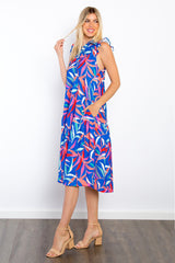 Leaf Print Ruffled Midi Dress with Pockets Be Stage