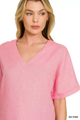 Linen V-Neck Cuffed Sleeve Top ZENANA