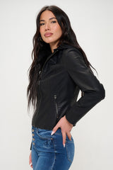 Vegan Leather Black Zip Up Hooded Jacket Coalition LA