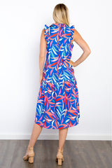 Leaf Print Ruffled Midi Dress with Pockets Be Stage