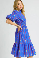 Printed Smocked Midi Dress with Ruffled Hem Umgee