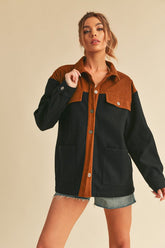 Two Tone Button Up Jacket with Pockets Aemi + Co Dark Navy S