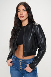Zip Up Vegan Leather Cropped Bomber Jacket Coalition LA Black S