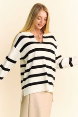 High-Low Side Slit Striped Johnny Collar Sweater Davi & Dani