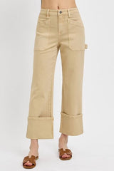 High Rise Wide Straight Cuffed Patch Jeans Risen