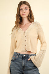 V-Neck Lace Detail Button Down Crop Ribbed Knit Top Very J