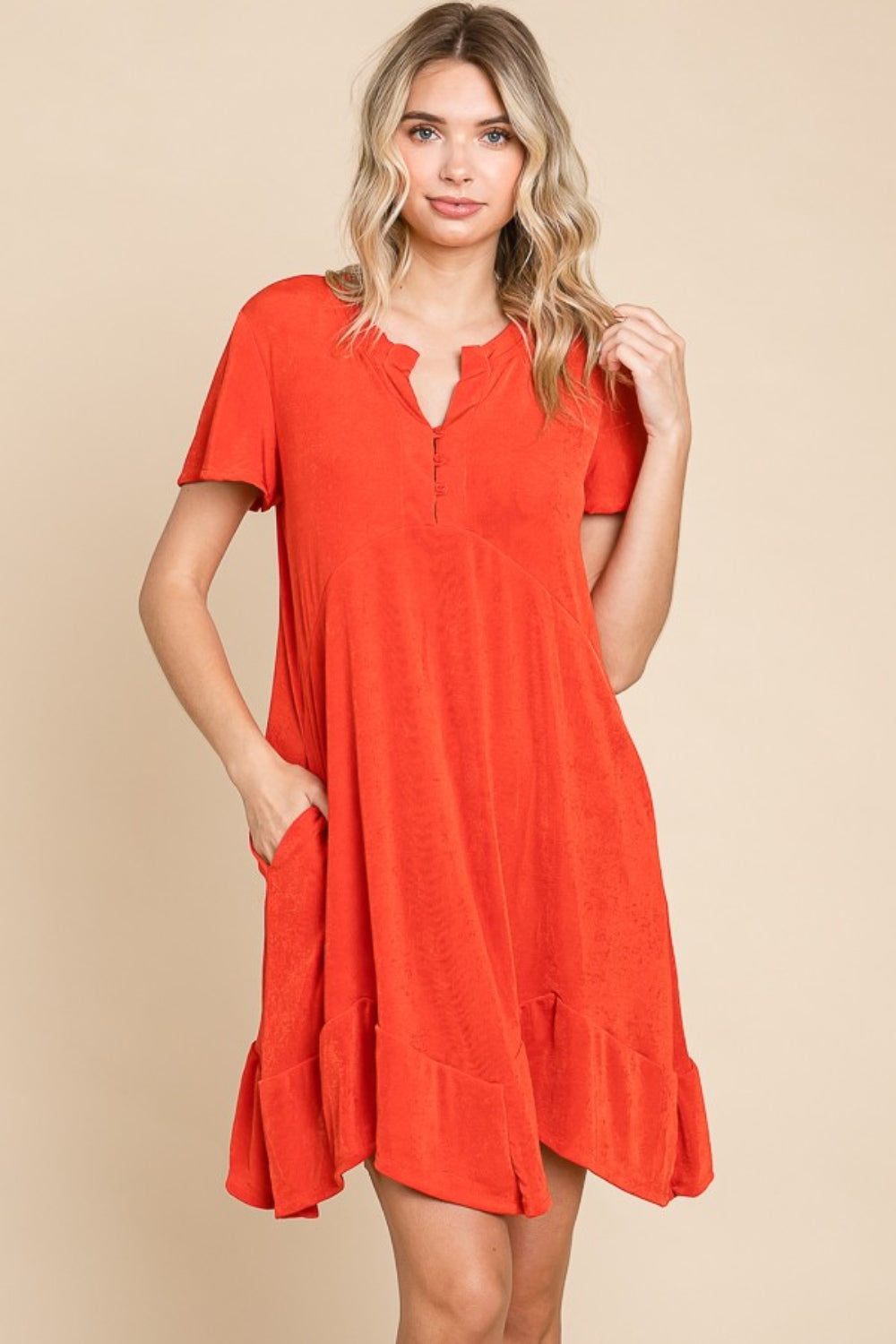 Notched Short Sleeve Ruffled Dress Culture Code Scarlet S