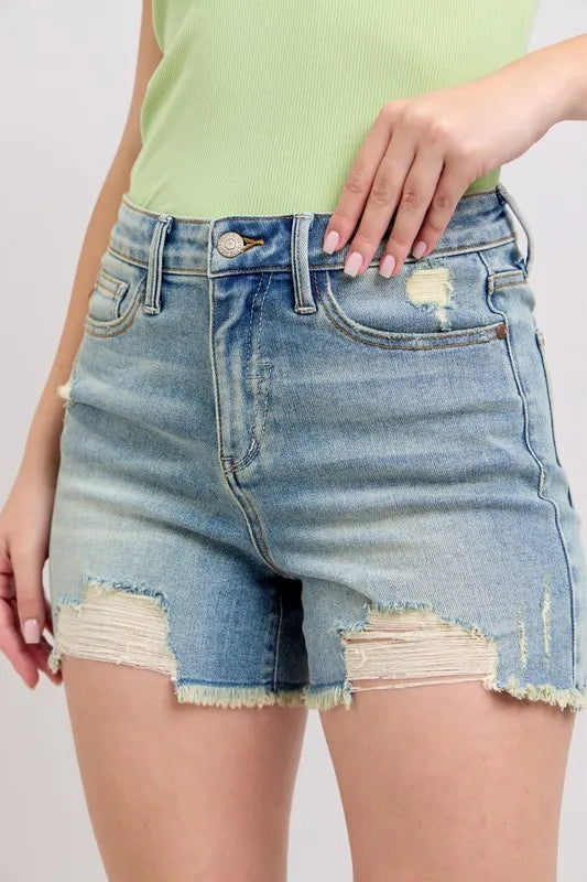 High Rise Washed Fly Stitch Detail and Destroy Denim Shorts Judy Blue MD L