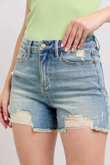 High Rise Washed Fly Stitch Detail and Destroy Denim Shorts Judy Blue MD L