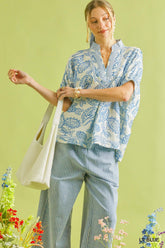 Botanical Print Mixed Trim Tunic Top Umgee LT. BLUE S