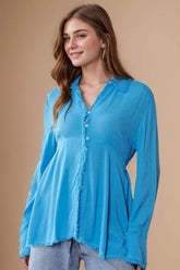 Davi & Dani V-Neck Open Back Adjustable Babydoll Shirt Trendsi Ocean Blue S
