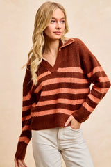 Striped Sweater Top with Collar Stitched Details BiBi