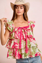 Floral Print Woven Bow Tie Ruffle Square Neck Top BiBi Floral S